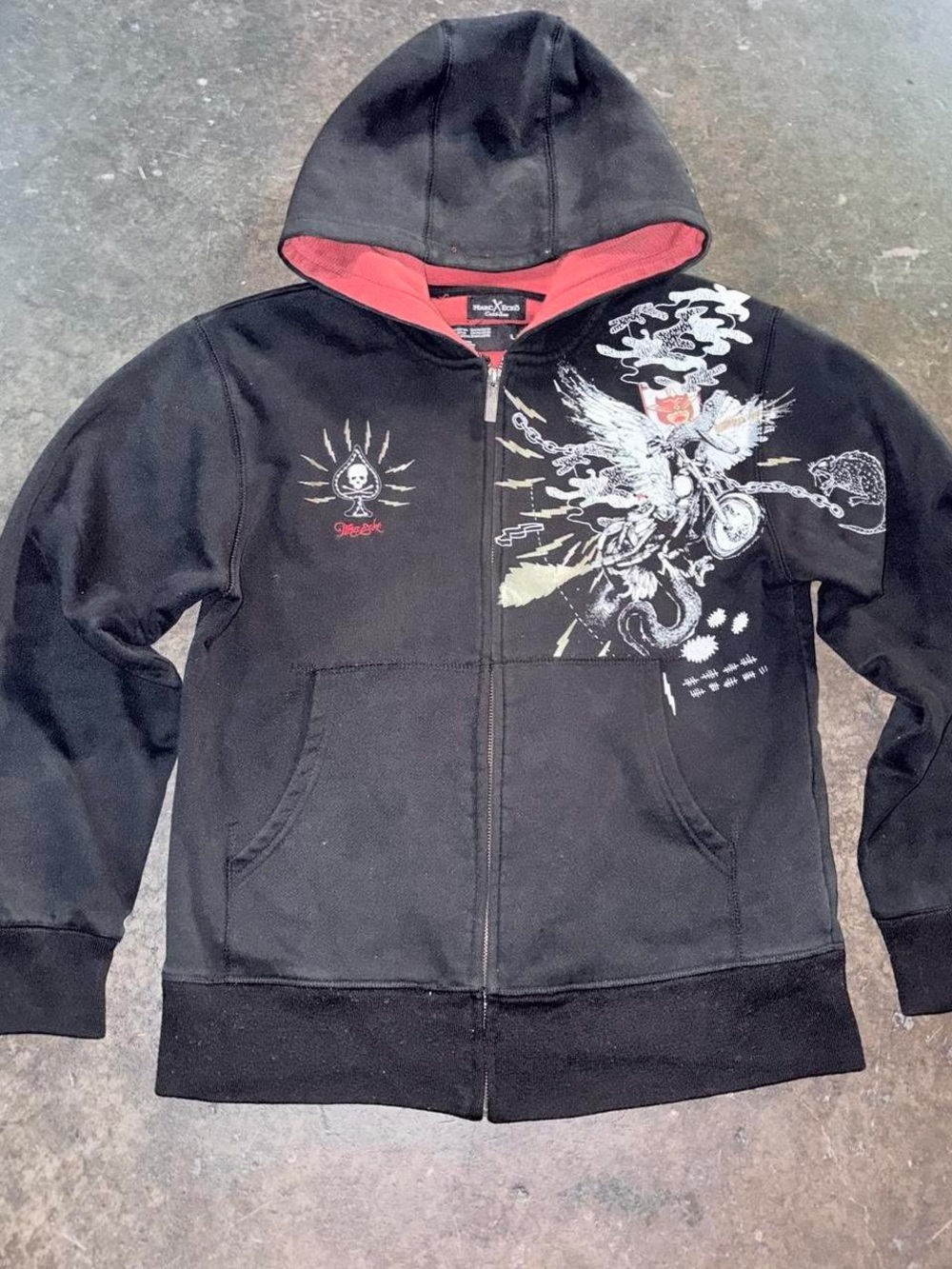 Black Graphic Marc Ecko Hoodie with Red Lined Hood